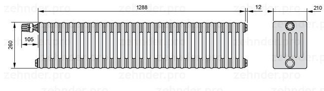 Схема (чертеж) Радиатор Zehnder Charleston 6026/28 №V011 Белый глянцевый RAL 9016